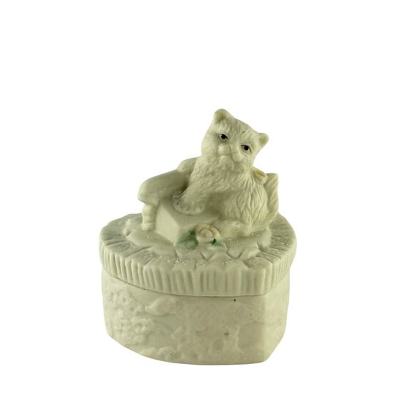 Vintage Cat Trinket Box Bisque Porcelain 80s Jewelry Holder - Picture 8 of 14